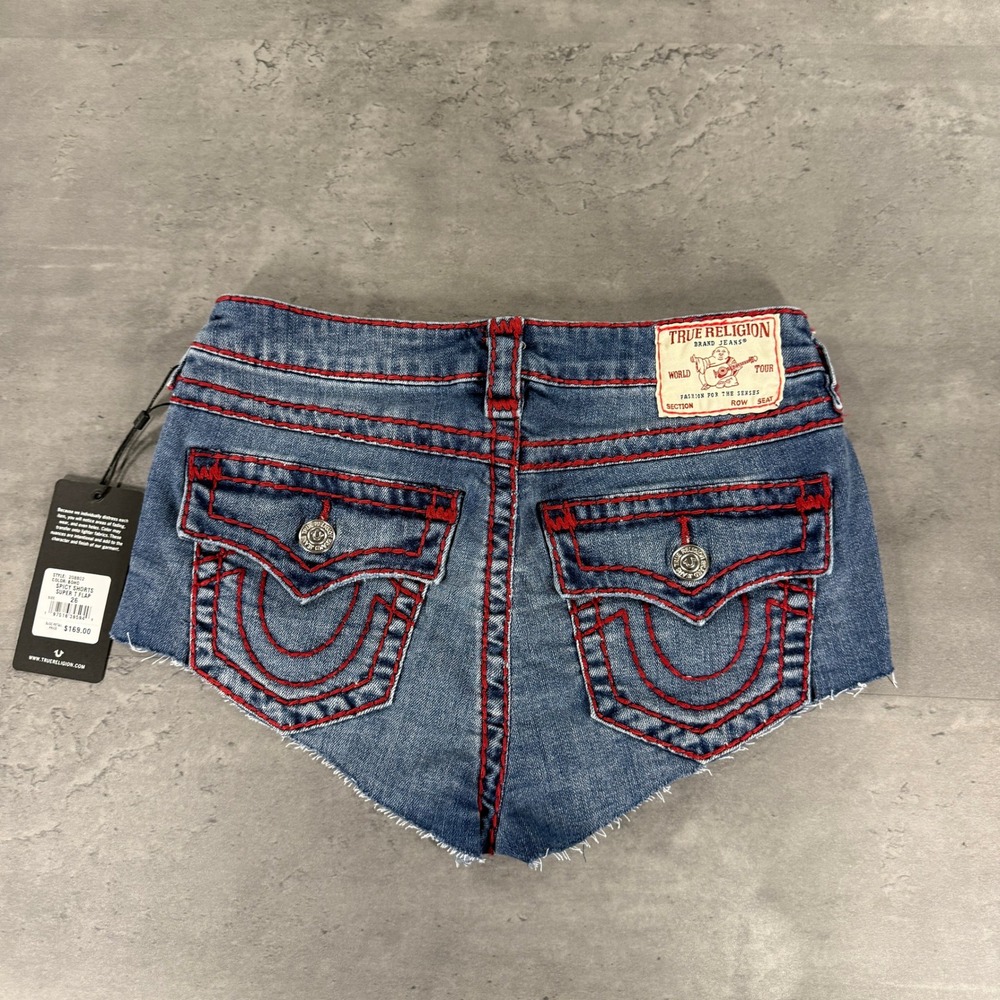 True Religion Shorts Womens 26 Spicy Shorts Super T Flap Blue Red Stitch $170